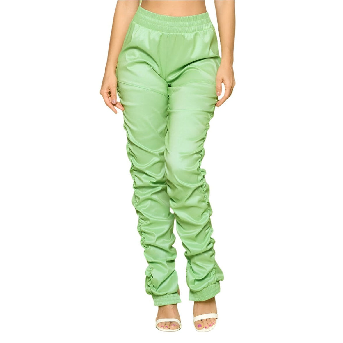womens PU leather pants in light green with ruched detailing and elastic waistband