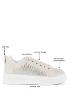 Women's rhinestone sneakers in beige faux leather for stylish casual wear