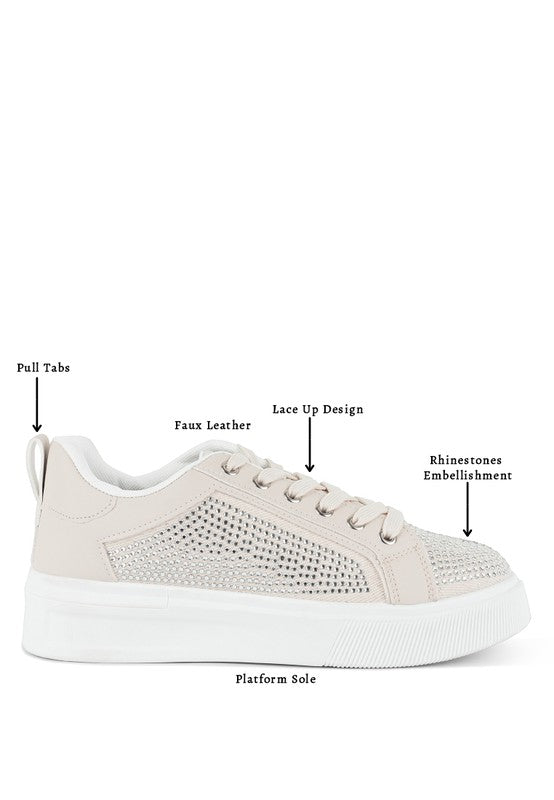 Women's rhinestone sneakers in beige faux leather for stylish casual wear