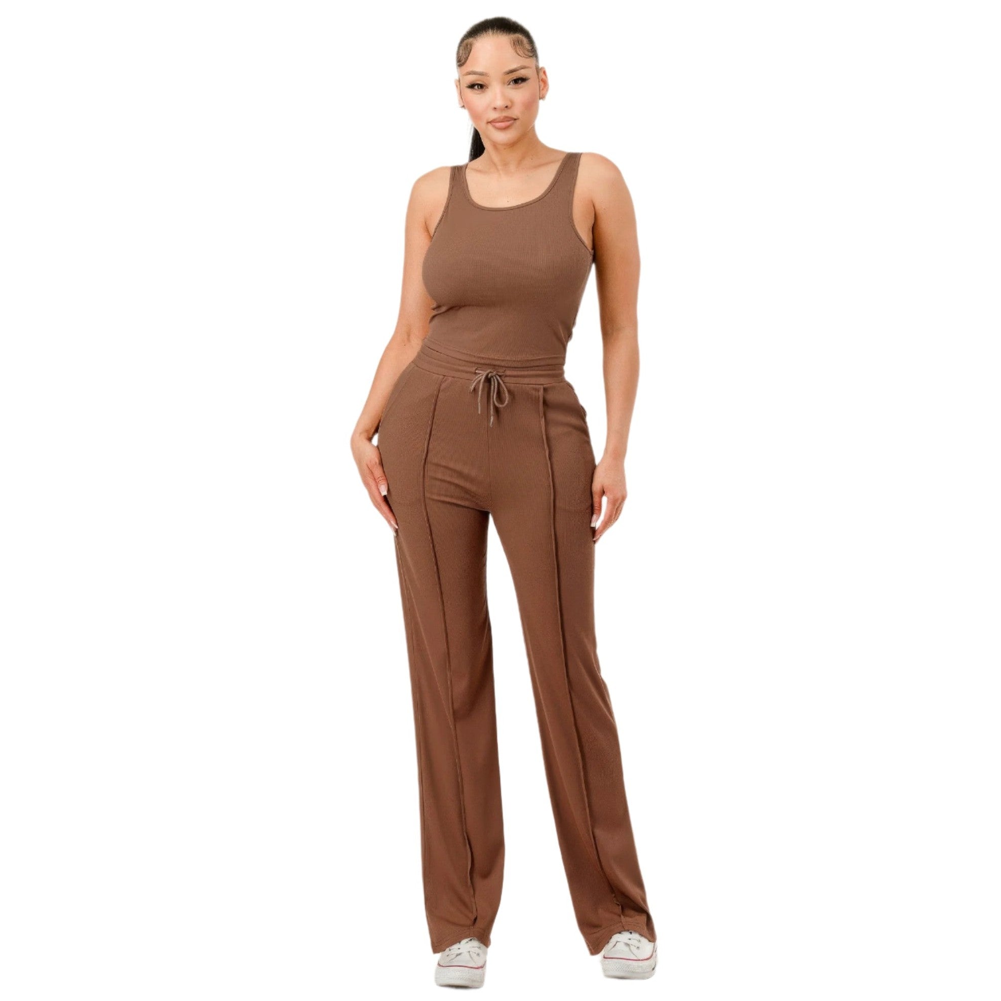 VacationGrabs women's ribbed tank top and pant set in brown with drawstring waist and casual fit