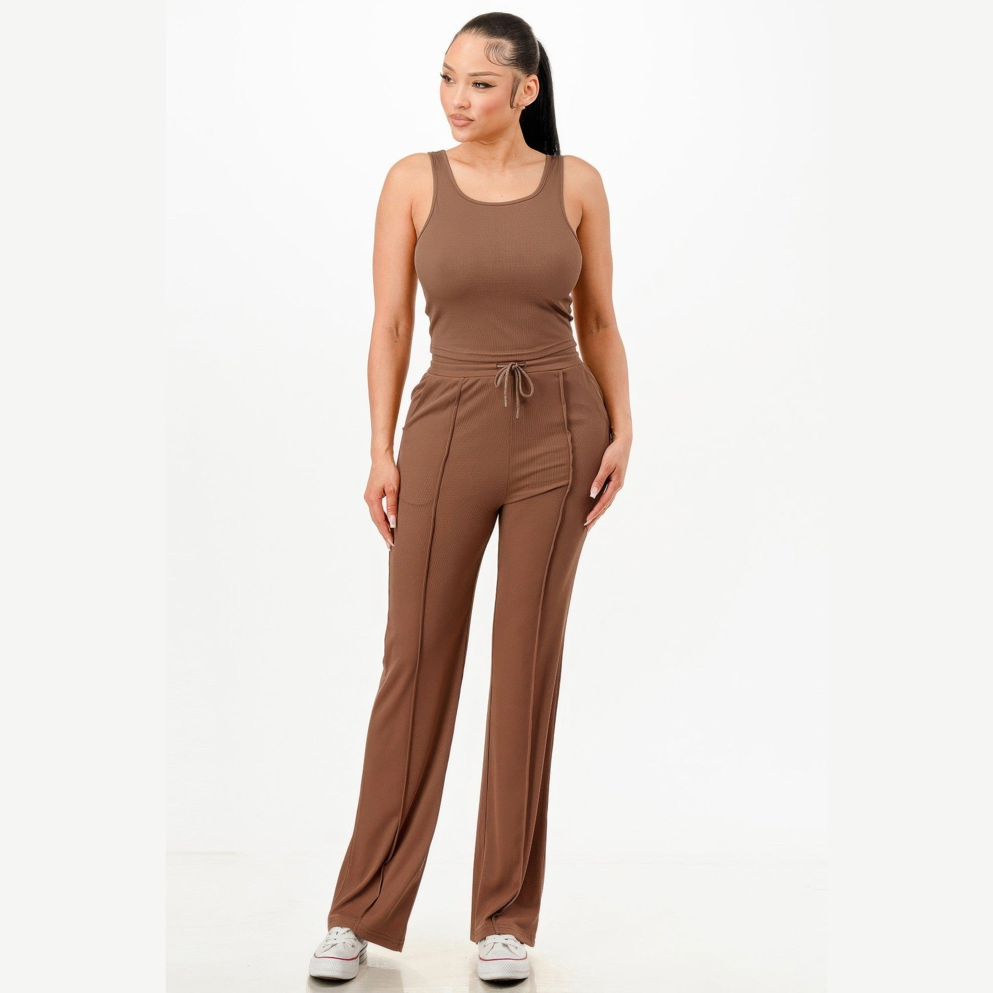Women's ribbed tank top and pant set in brown with drawstring waist and casual fit by VacationGrabs