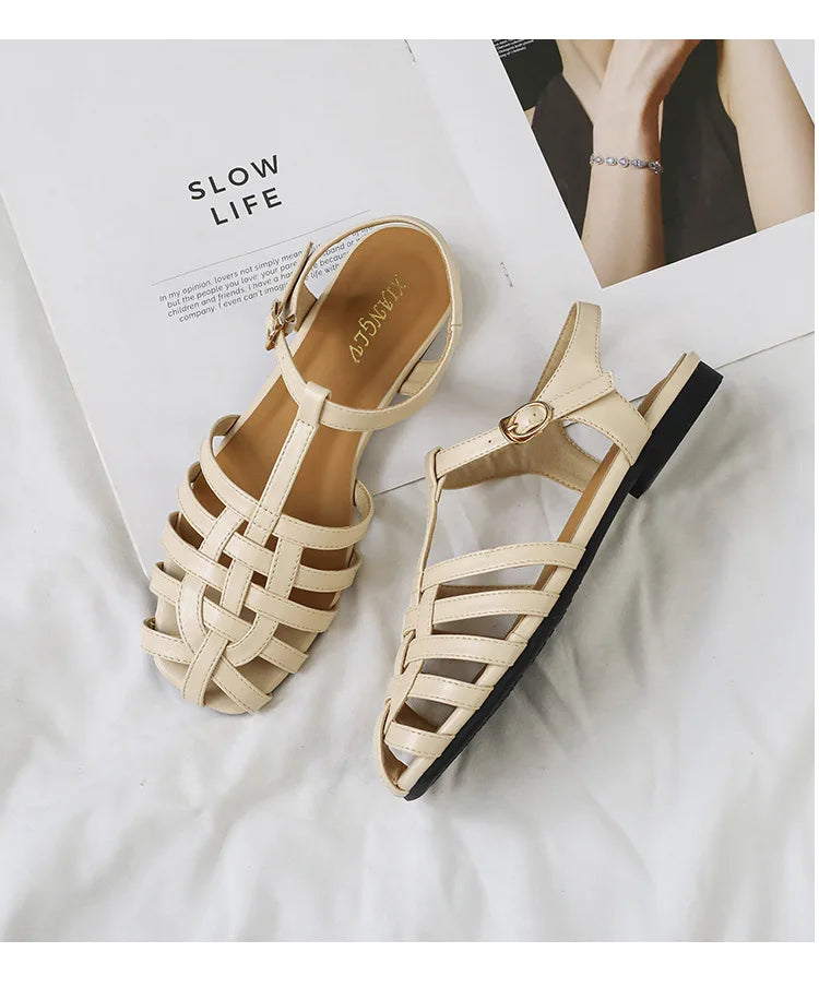 women's sandals in beige, braided design for summer outings