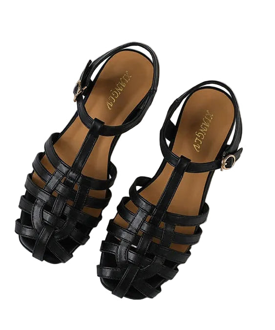 women's black sandals, woven design, casual summer wear