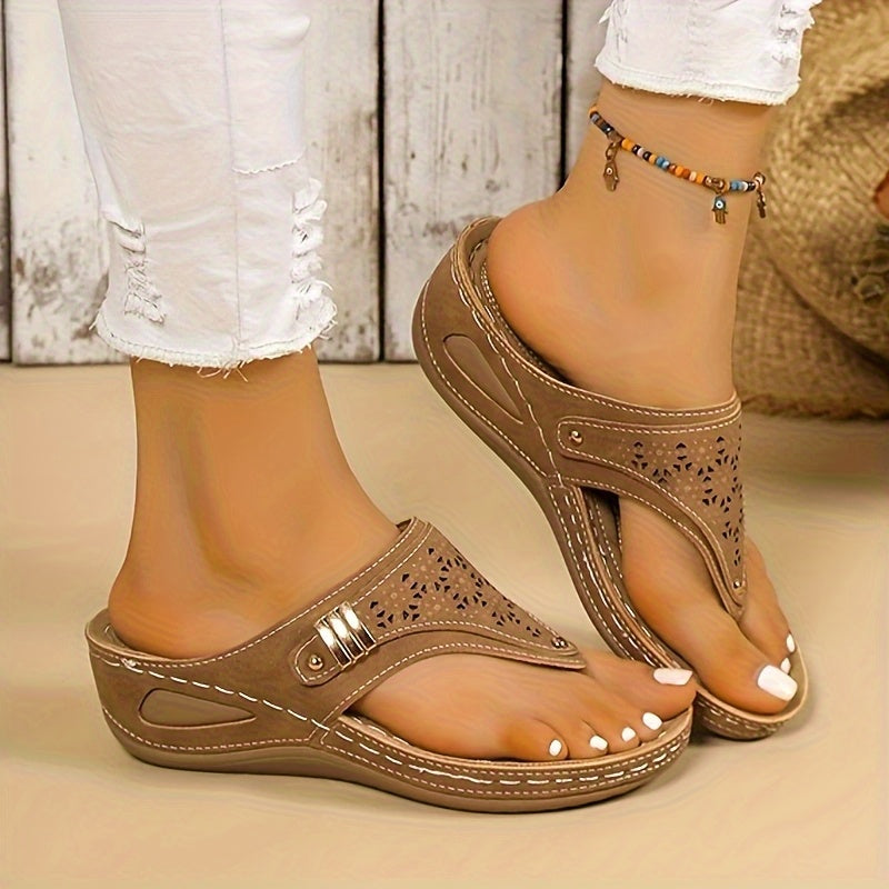 women's brown sandals with perforated design for casual wear