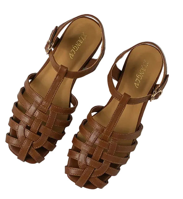 women's sandals in brown, faux leather, ideal for summer outings
