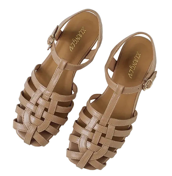 women's sandals in tan faux leather, perfect for summer outings