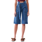 VacationGrabs womens self-tie denim pants in blue with wide-leg shorts and front pockets