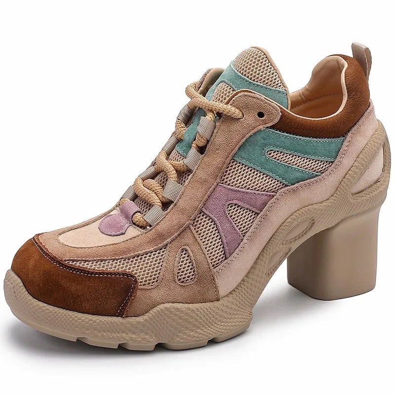 Women's shoes in beige and brown suede, stylish high-heeled sneakers