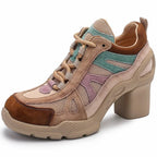 Women's shoes in beige and brown suede, stylish high-heeled sneakers