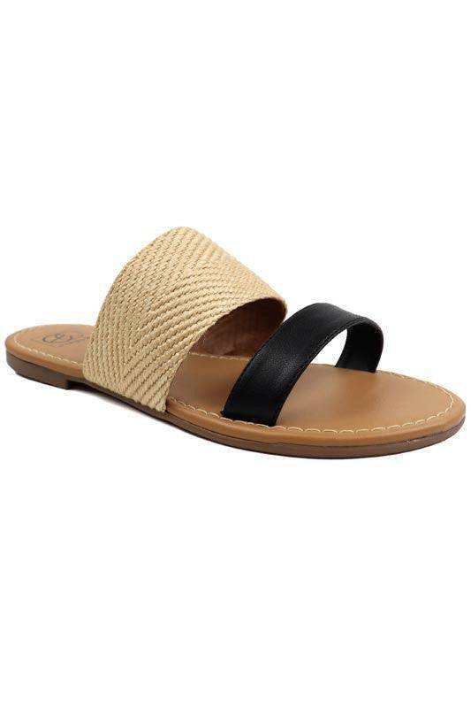 women's shoes, black and tan slip-on sandals, casual summer style