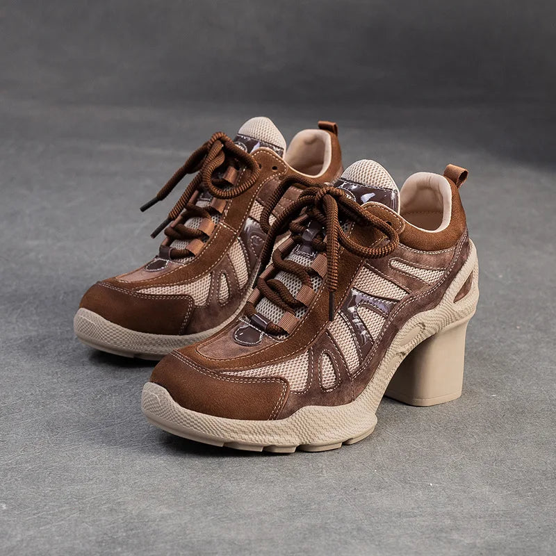 Women's shoes in brown suede and mesh, stylish with high heels