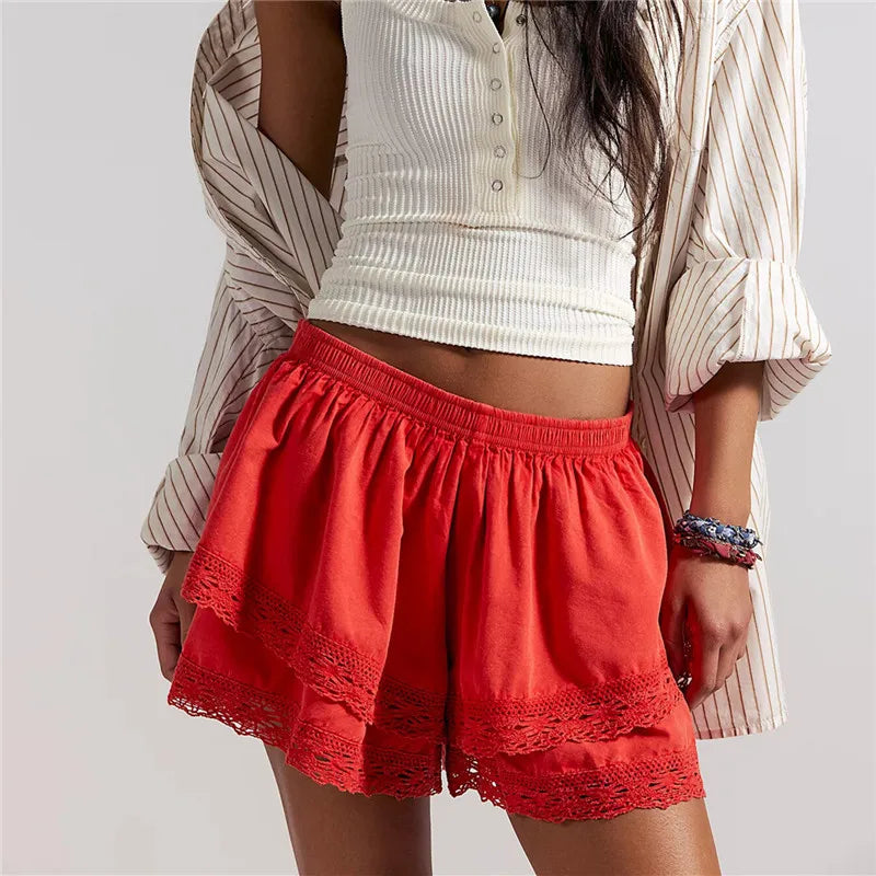 women's red lace-trim shorts, perfect for summer outings