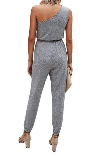 women's sleeveless jumpsuit in gray, casual outfit for summer