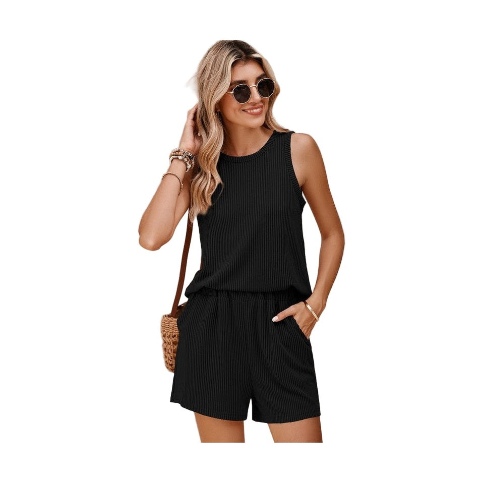 SHEWIN INC womens sleeveless top and shorts set in black with round neck and casual fit