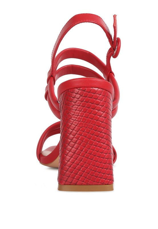 Women's slim block heel sandals in red, stylish for summer outings