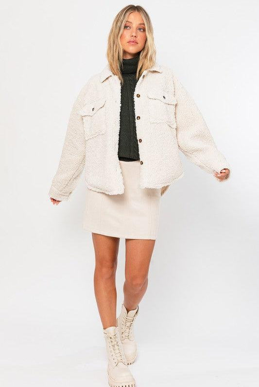 Women's Coats & Jackets Womens Soft Teddy Bear Shacket in Cream Off White
