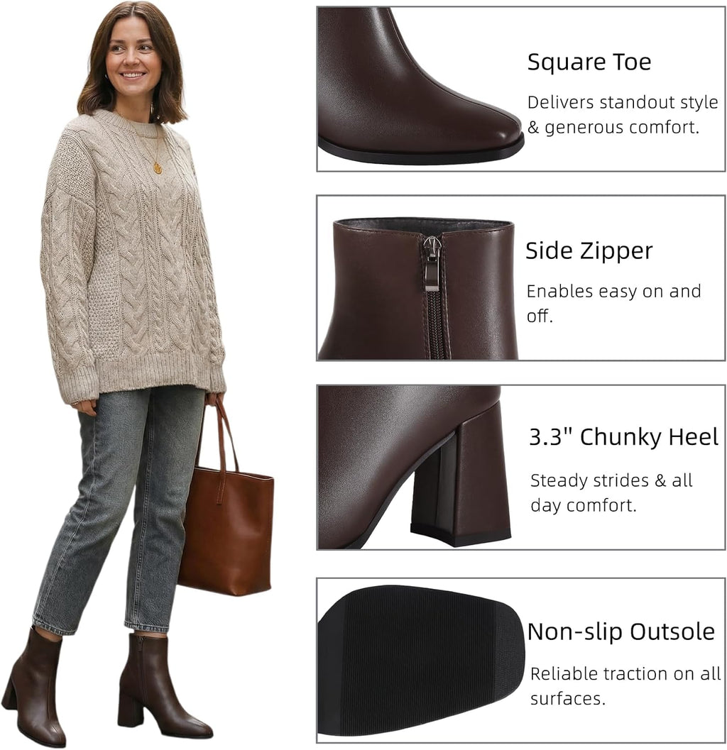 Womens Square Toe Ankle Boots Chunky Block Heel Short Boots – back view