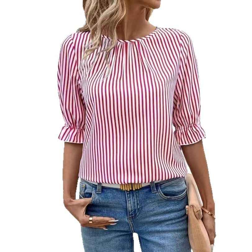 SHOMICOBOUTIQUE women's striped blouse in red and white, perfect for casual or dressy occasions