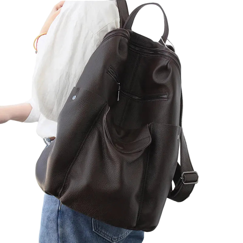 Womens stylish leather backpack in dark brown, ideal for daily use