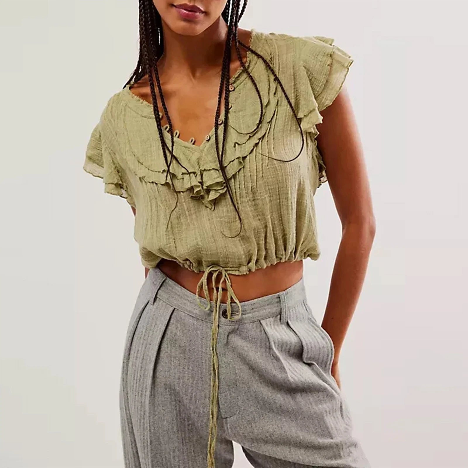 Women's olive ruffled blouse top, lightweight material for summer outings