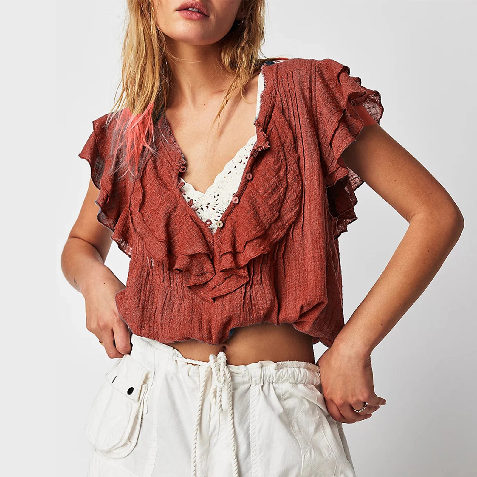 Women's summer blouse tops in rust color, light and stylish for casual outings