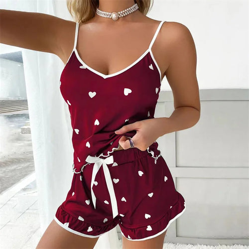 Women's summer pajama set, red with white hearts, comfortable for lounging