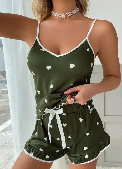 women's summer pajama set in olive green with heart print for relaxation