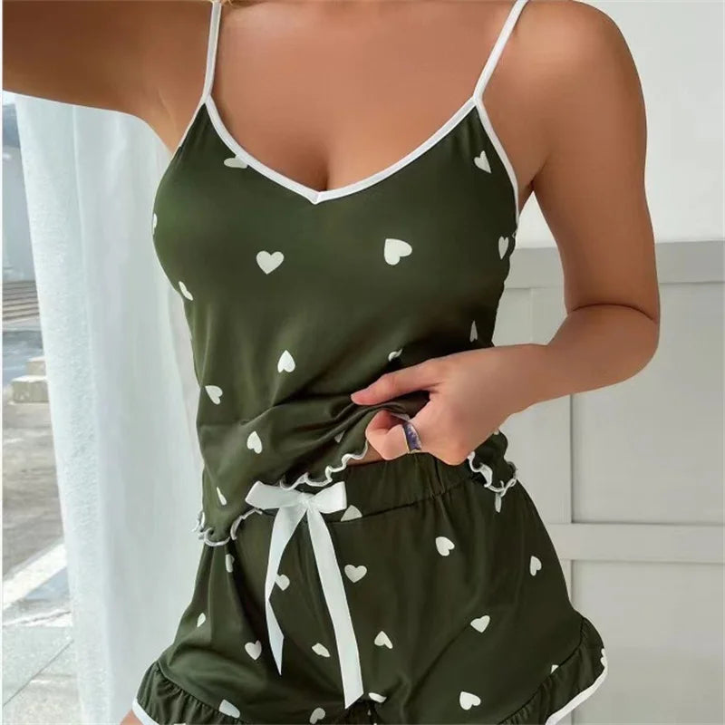 women's summer pajama set in olive green with heart pattern, ideal for lounging