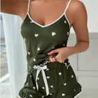 women's summer pajama set in olive green with heart pattern, ideal for lounging