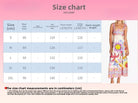 Size chart for women's summer printed sundress with measurements for different sizes