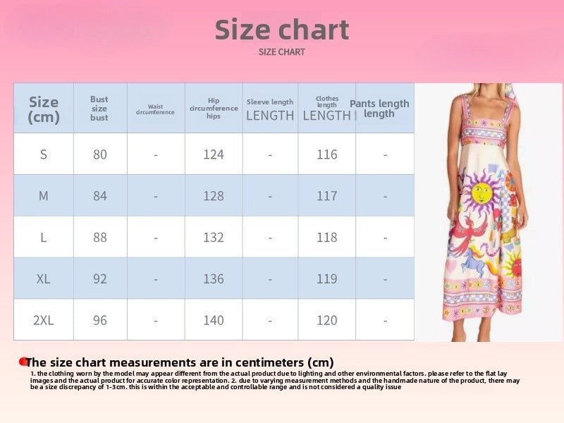 Size chart for women's summer printed sundress with measurements for different sizes