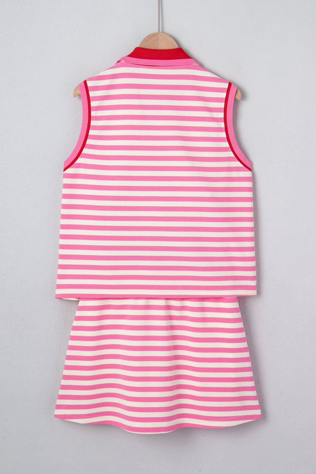 womens summer skort set in pink and white stripes, casual wear