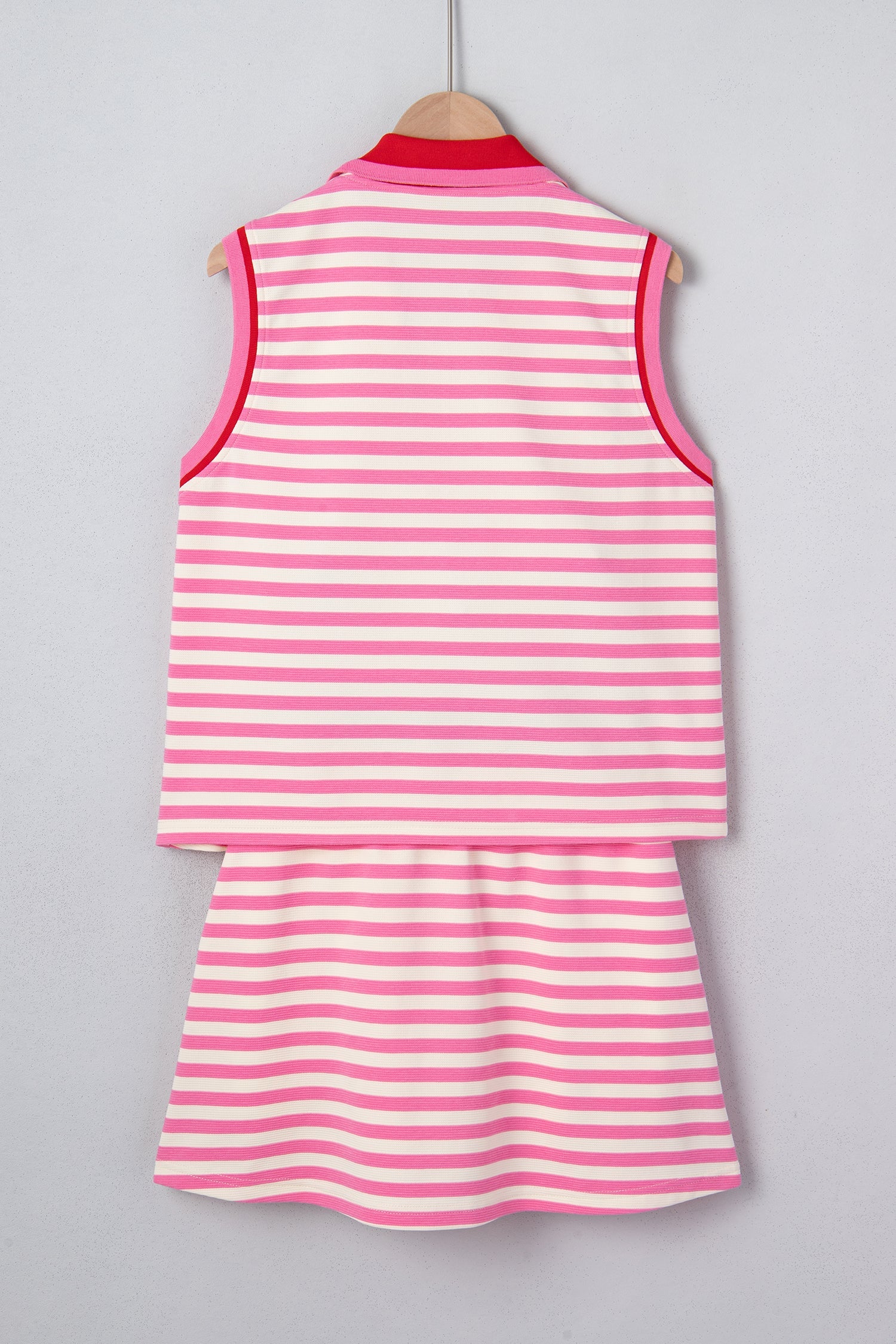 womens summer skort set in pink and white stripes, casual wear