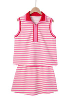 womens summer skort set, pink and white striped, casual wear