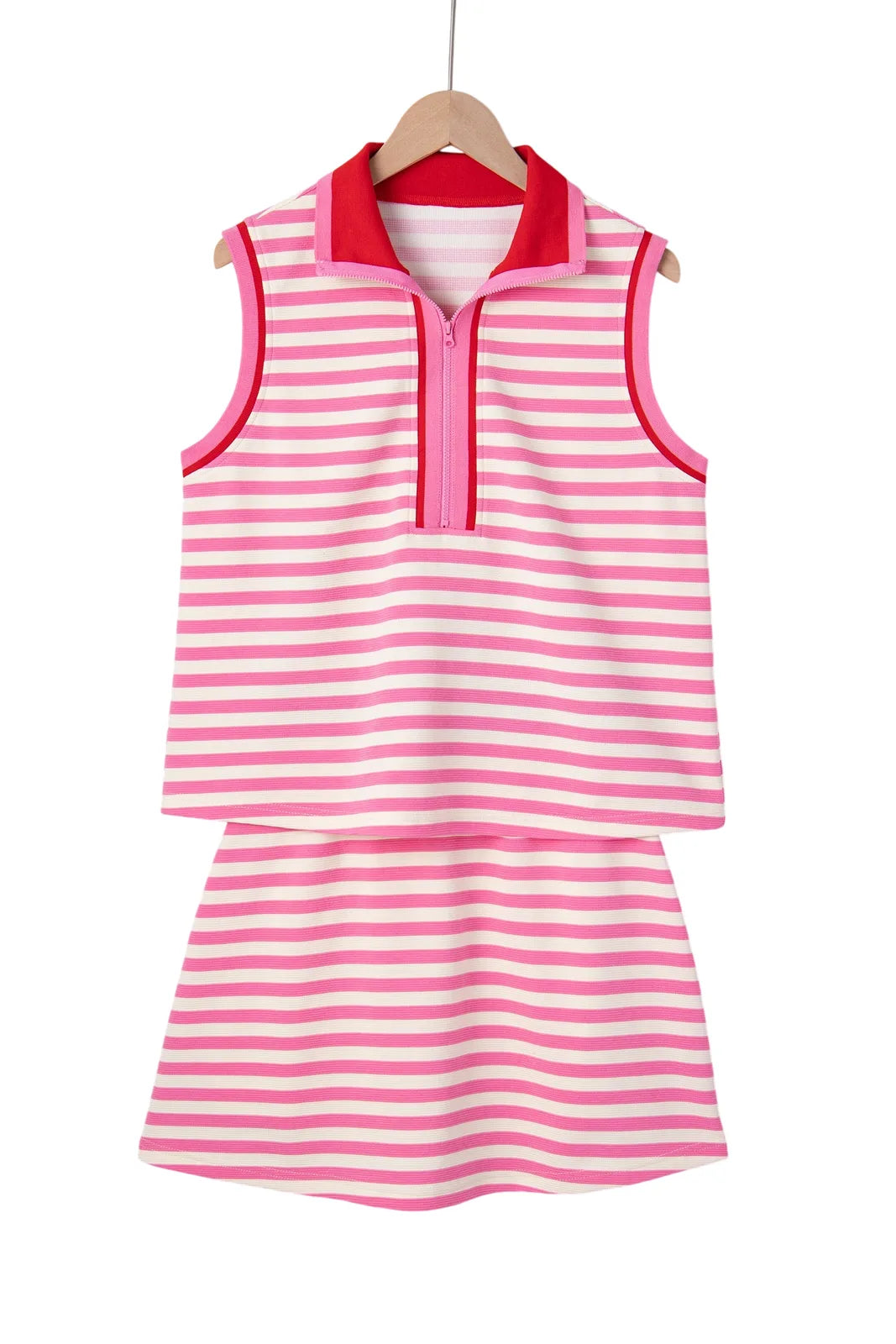 womens summer skort set, pink and white striped, casual wear