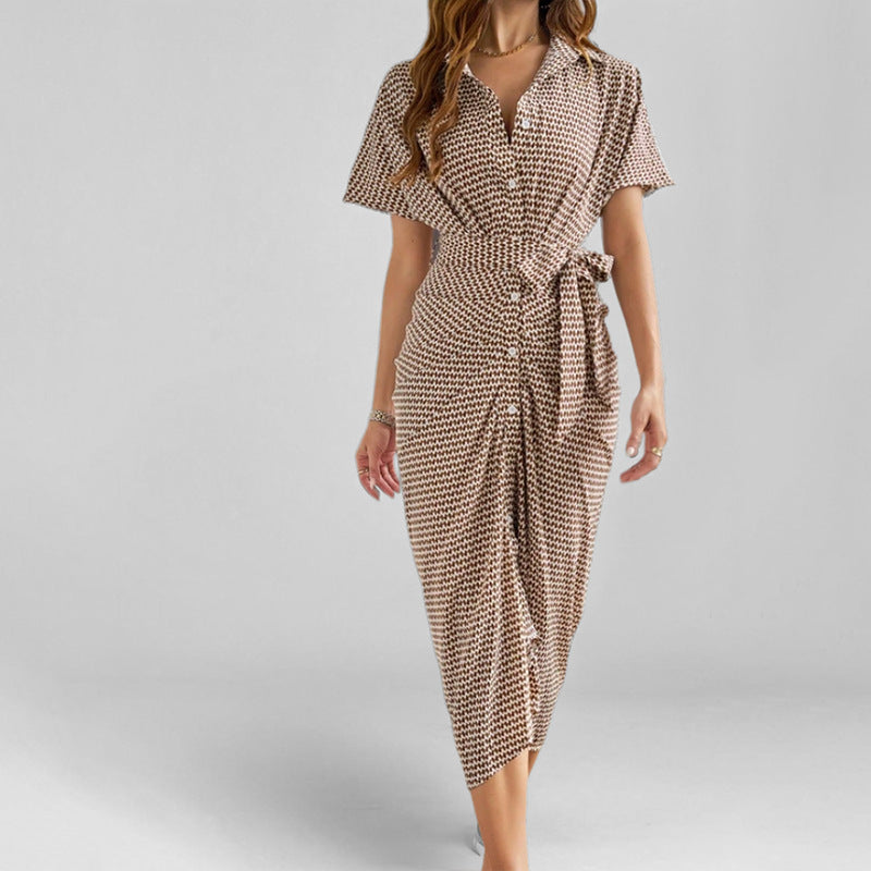 Stylish women's summer v-neck dress with short sleeves and a belted waist for a flattering fit
