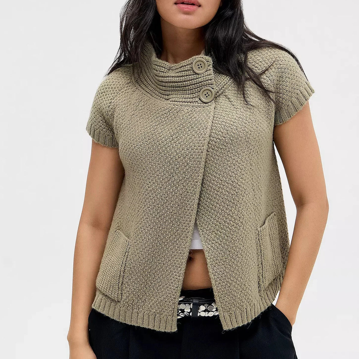 women's sweater in olive green, knitted fabric, perfect for layering