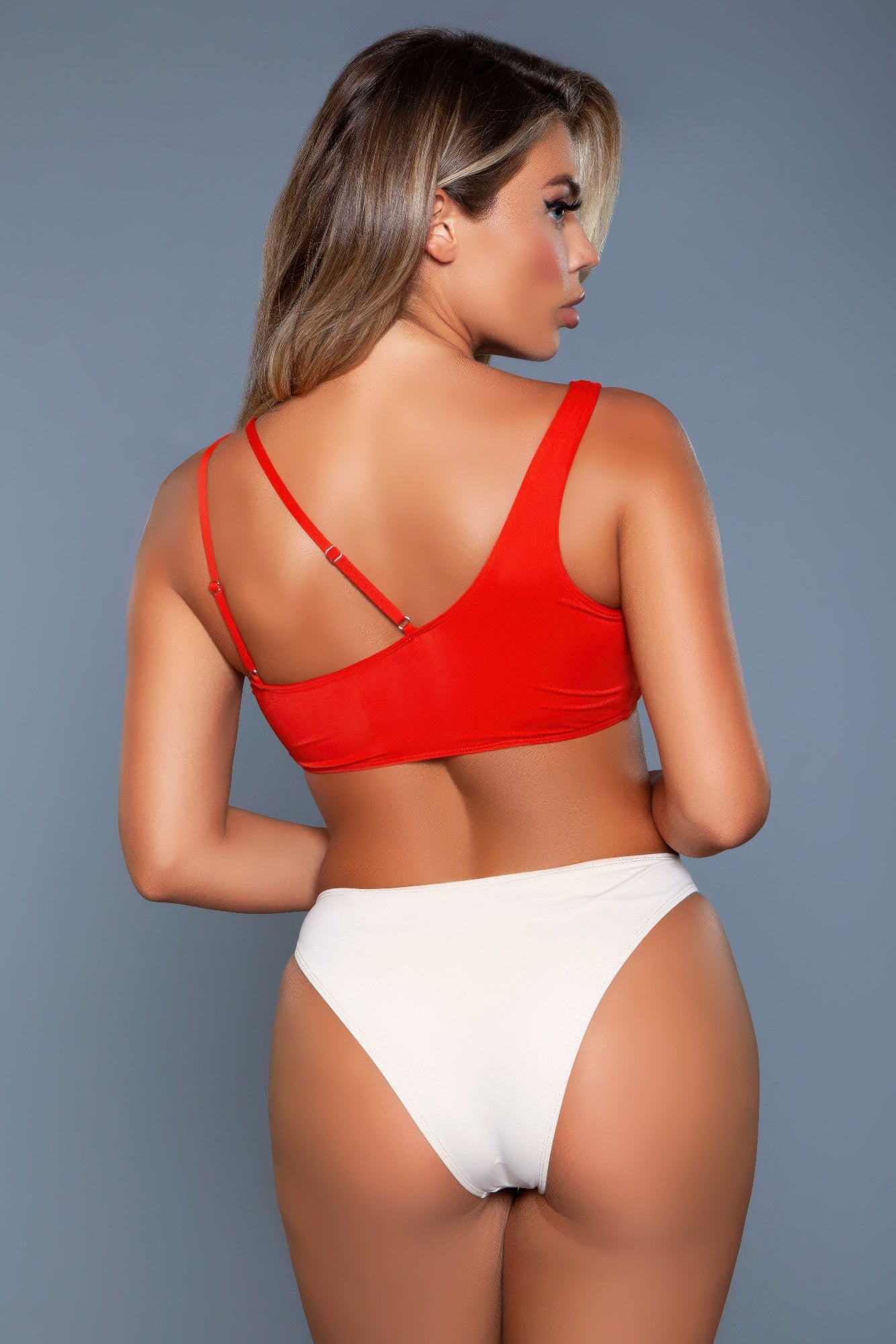 Women's swimwear, red bikini top with white high-waisted bottom