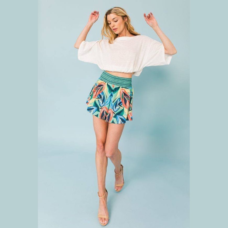 VacationGrabs womens tropical vacation shorts with colorful leaf print and smocked waistband