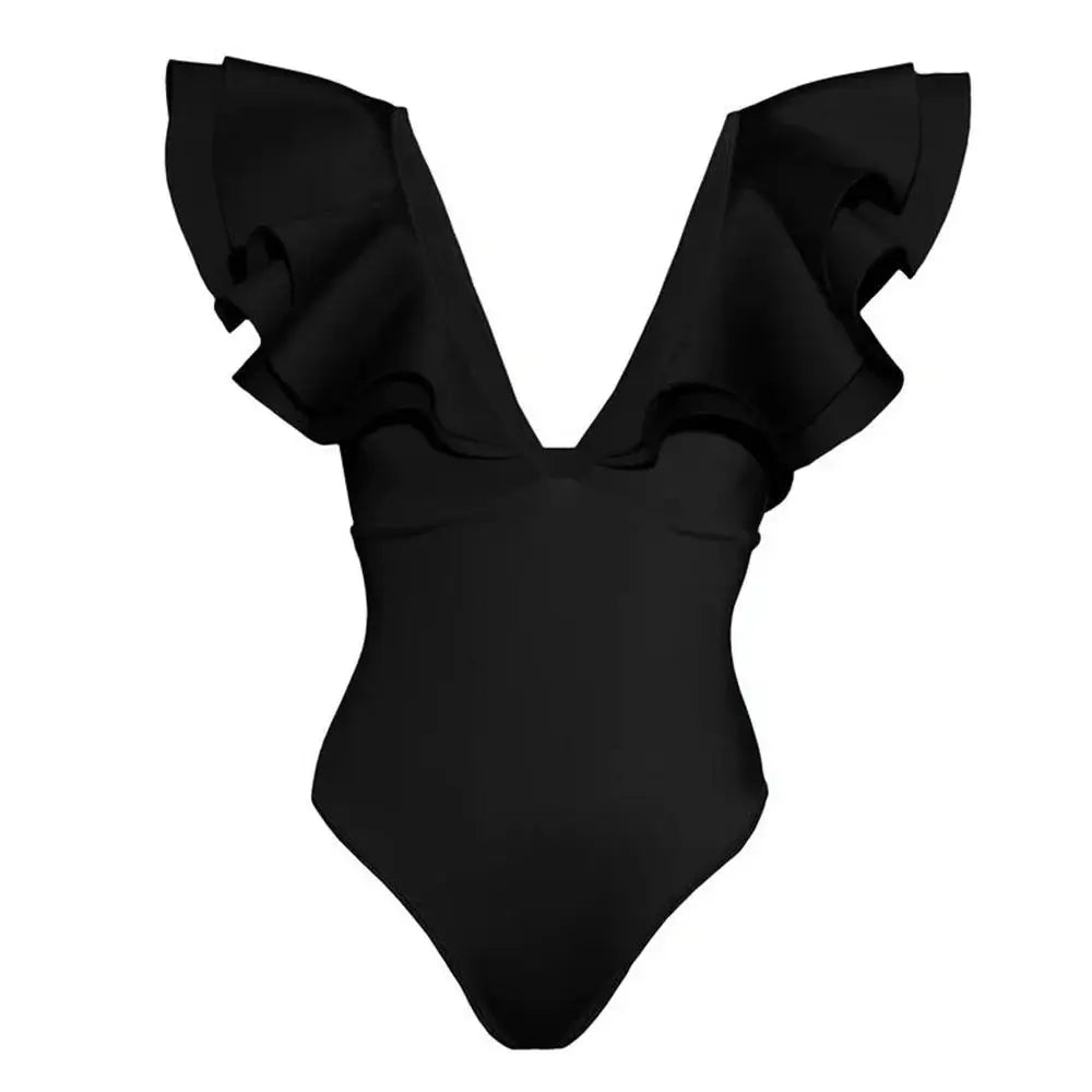 Womens vacation bathing suits, black ruffled one-piece for beach outings