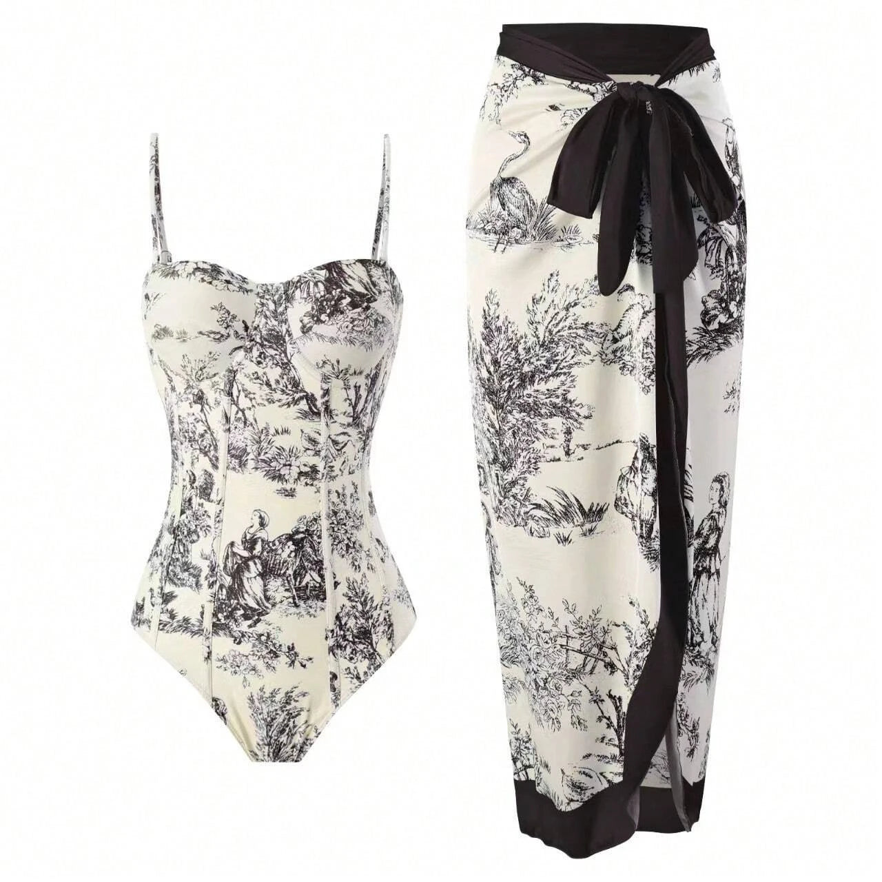 Womens vacation bathing suits, black and white print, stylish for beach days