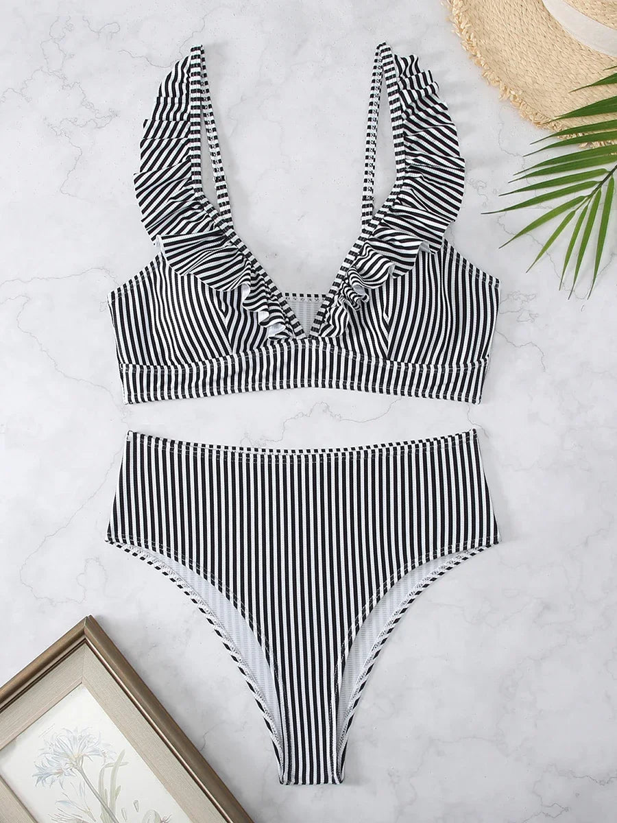 Black and white striped women's vacation bathing suits, stylish and comfortable