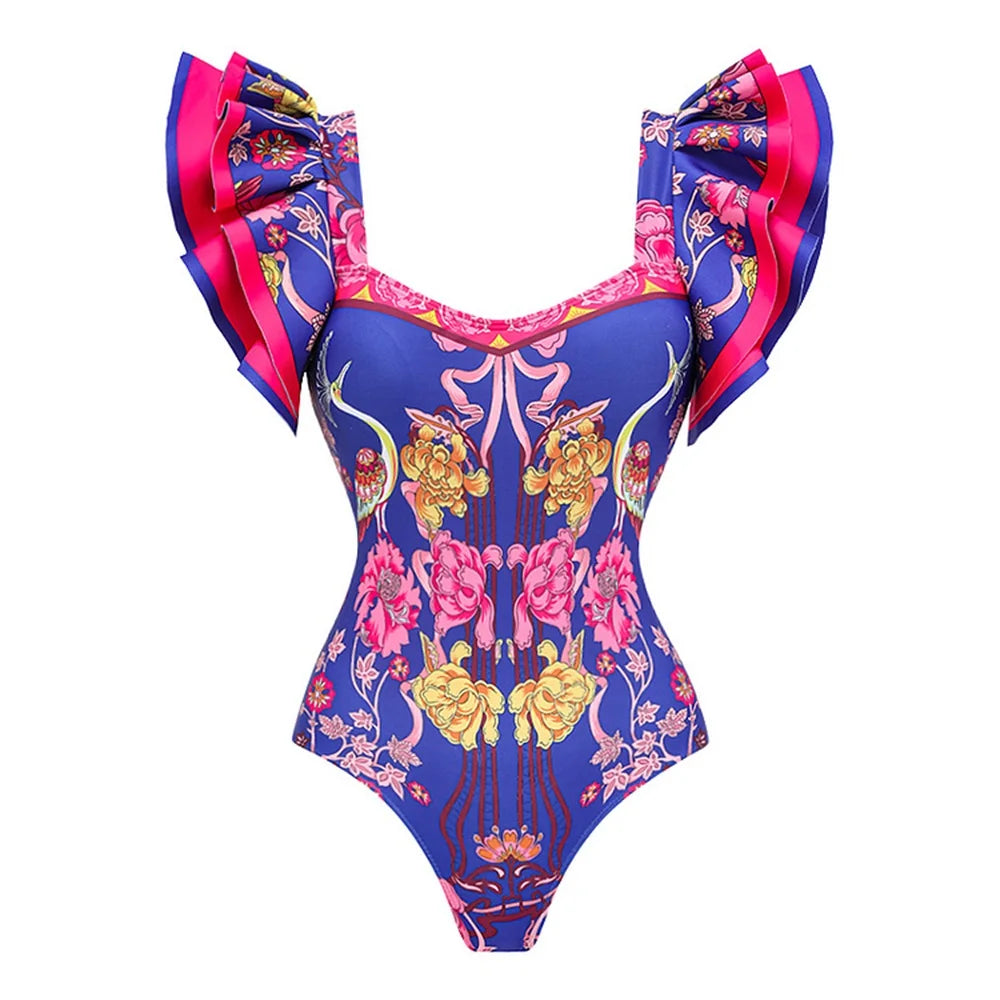 Womens vacation bathing suits, floral printed one-piece with colorful ruffle sleeves