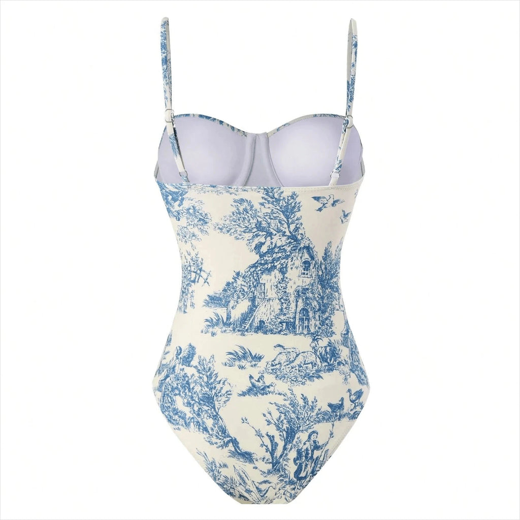 Womens vacation bathing suits, blue printed one-piece for beach days