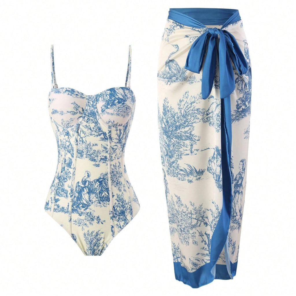 Women's floral one-piece bathing suit with matching wrap, vacation ready