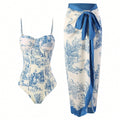 Women's floral one-piece bathing suit with matching wrap, vacation ready