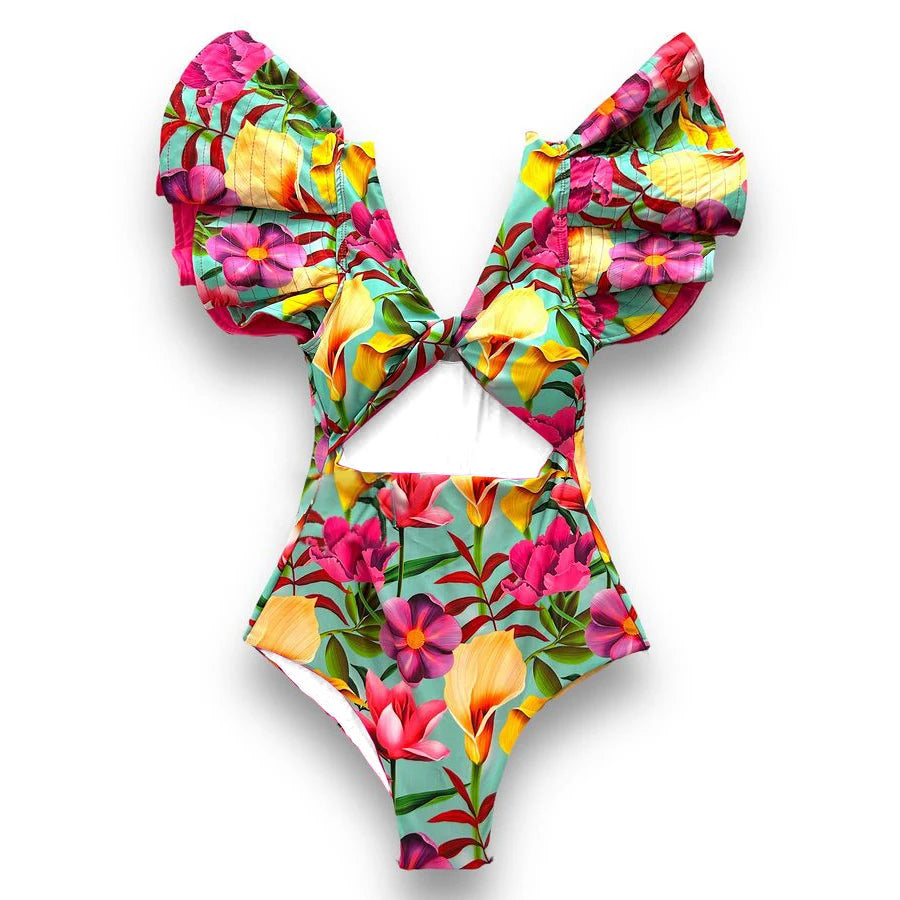 Womens vacation bathing suits, colorful floral one-piece for beach fun