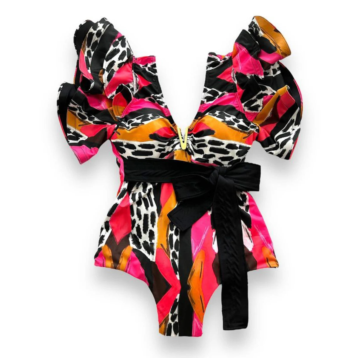 Colorful women's vacation bathing suits with bold prints and ruffled sleeves