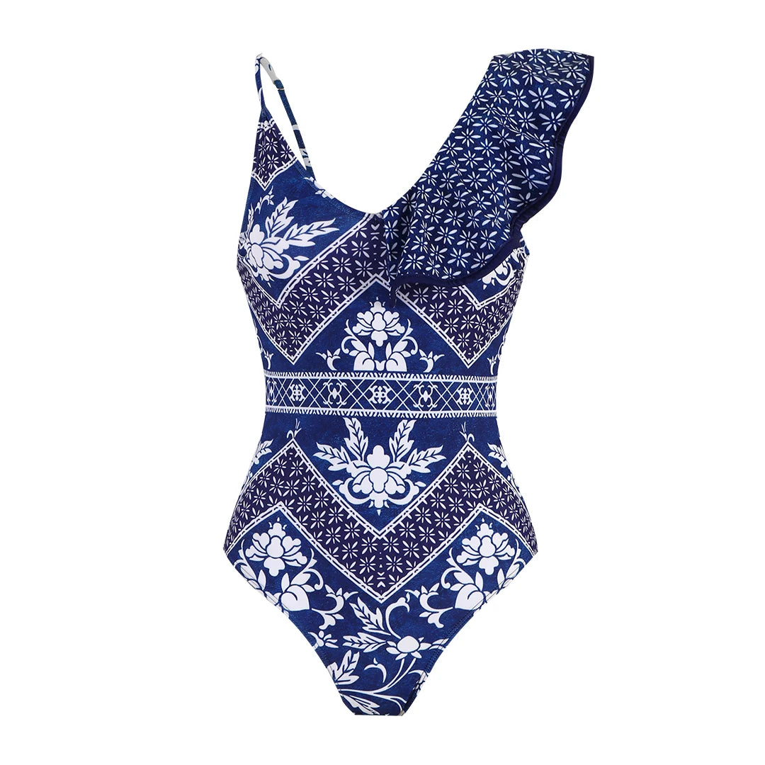 Navy floral one-shoulder women's vacation bathing suits for beach outings