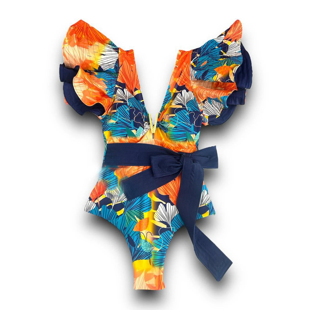 Womens vacation bathing suits, vibrant floral print, ruffled sleeves